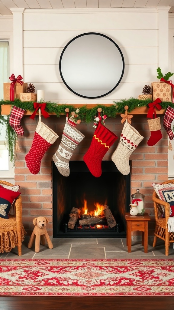 A cozy fireplace decorated with knit stockings in various colors and patterns, surrounded by festive decor.