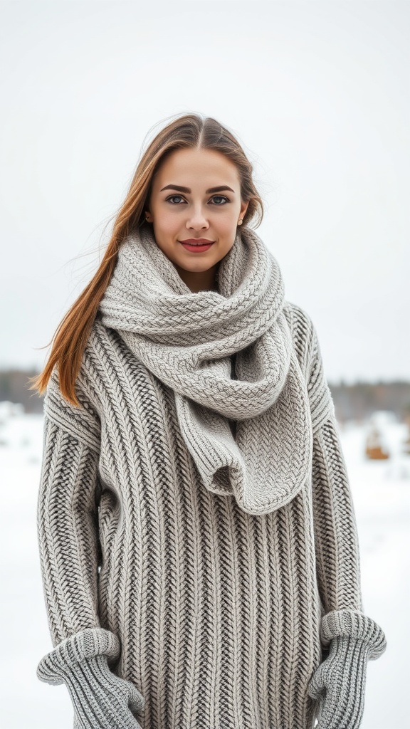A woman in a cozy knit sweater and chunky scarf in a winter setting.
