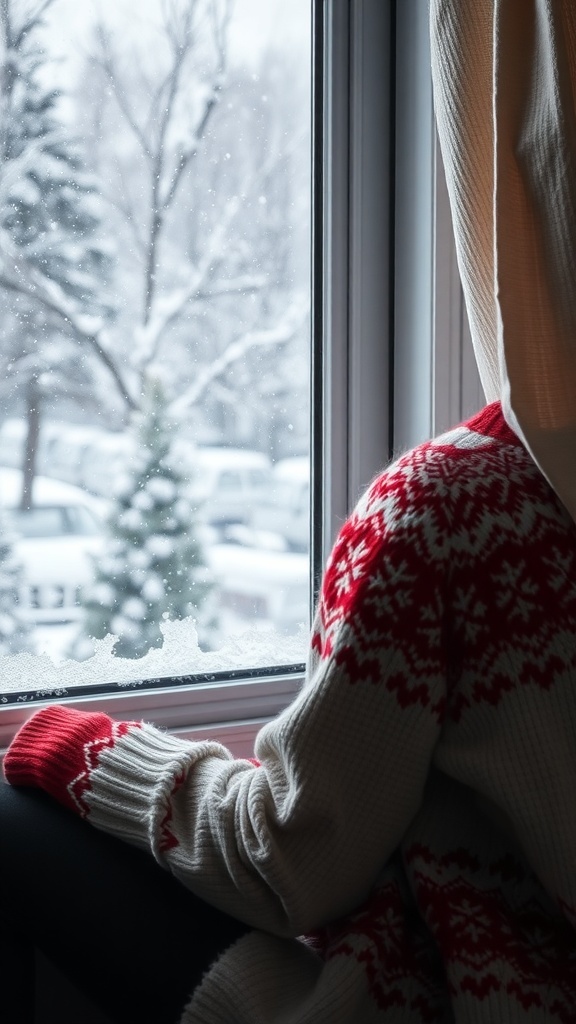 A person wearing a cozy knit sweater, looking out a snowy window.