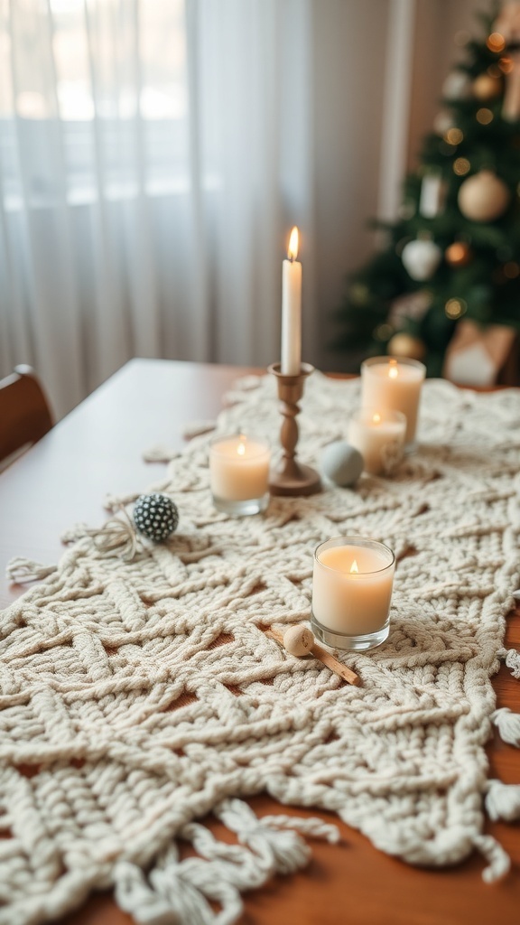 A cozy knit table runner with candles and decorations on a wooden table.
