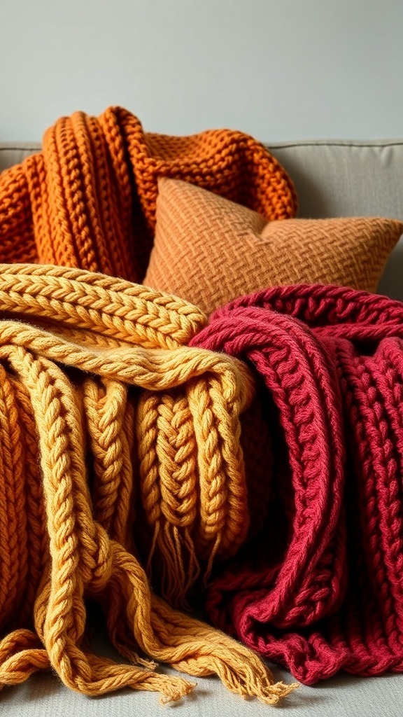 A collection of cozy knit blankets and pillows in autumn colors, displayed on a couch.