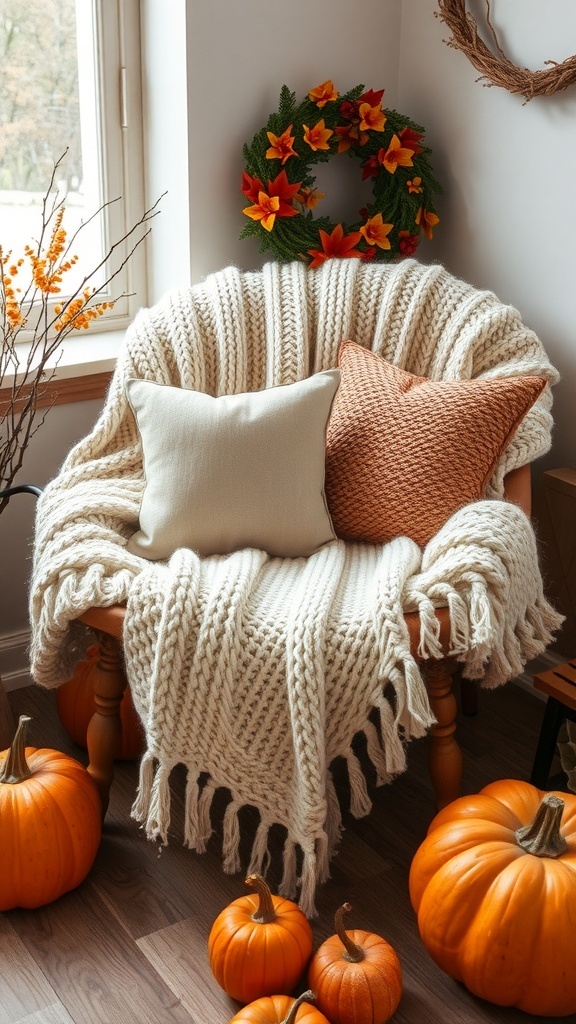 Cozy chair with knit blanket, pillows, and pumpkins, decorated for Thanksgiving