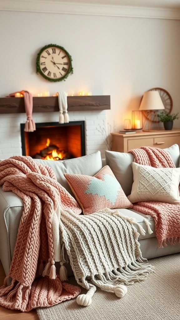 A cozy living room with knit blankets and pillows on a sofa, featuring a warm fireplace.