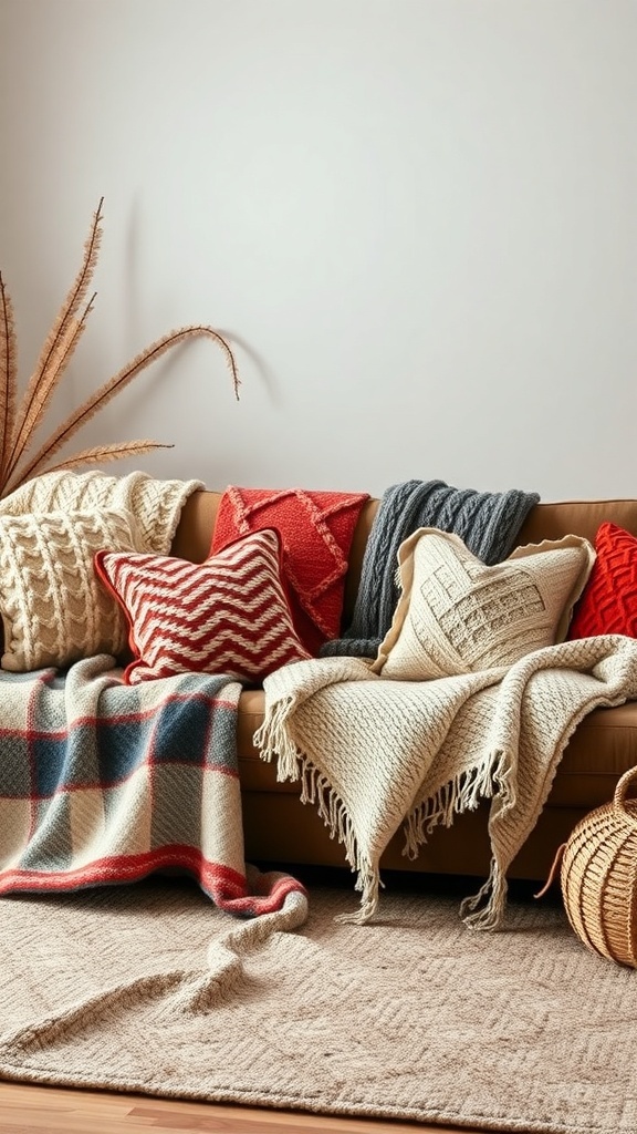 A cozy couch adorned with various knit blankets and pillows in warm colors.