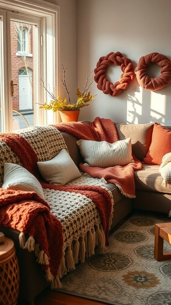 A cozy living room with knit textiles, featuring a sofa draped with warm blankets and decorative pillows.