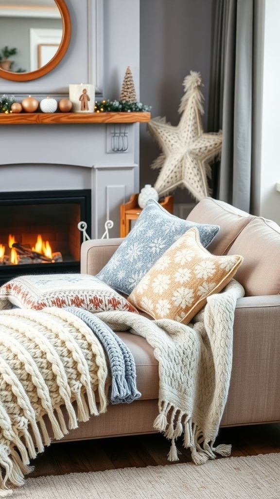 A cozy living room with knit blankets and pillows on a sofa, decorated for winter.