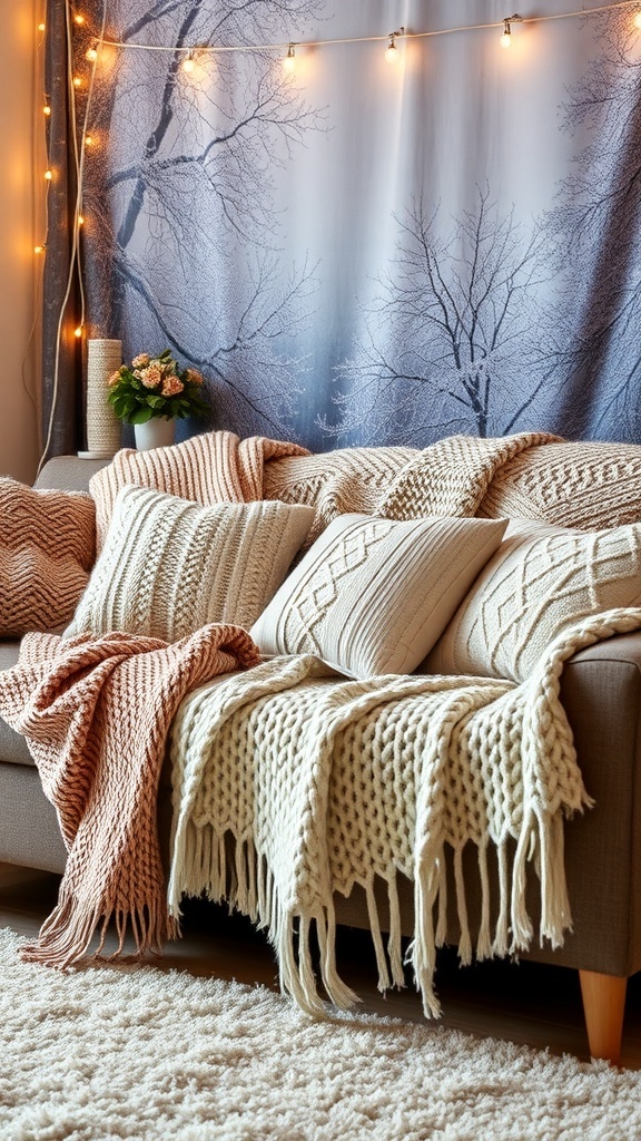 A cozy living room with knit blankets and pillows on a sofa, decorated for winter.