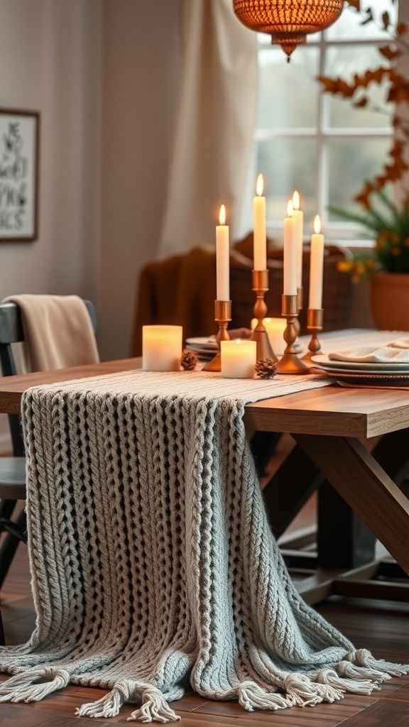 A cozy knitted table runner draped over a wooden dining table, adorned with candles and natural decor.