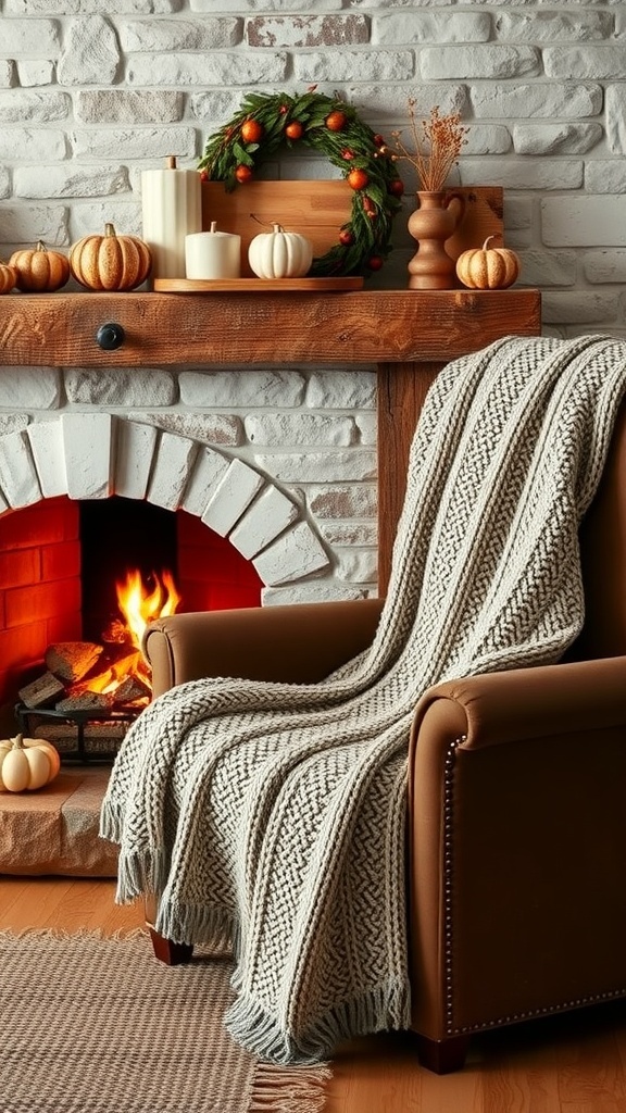 A cozy knit throw blanket draped over a chair near a fireplace, with fall decorations on the mantel.