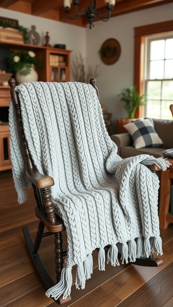 A cozy gray knit throw blanket draped over a rocking chair in a warm, rustic living room.