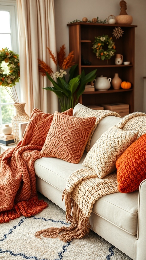 A cozy living room with knit throws and pillows in warm colors.