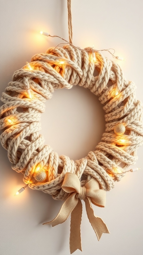 A cozy knit wreath with fairy lights and a bow