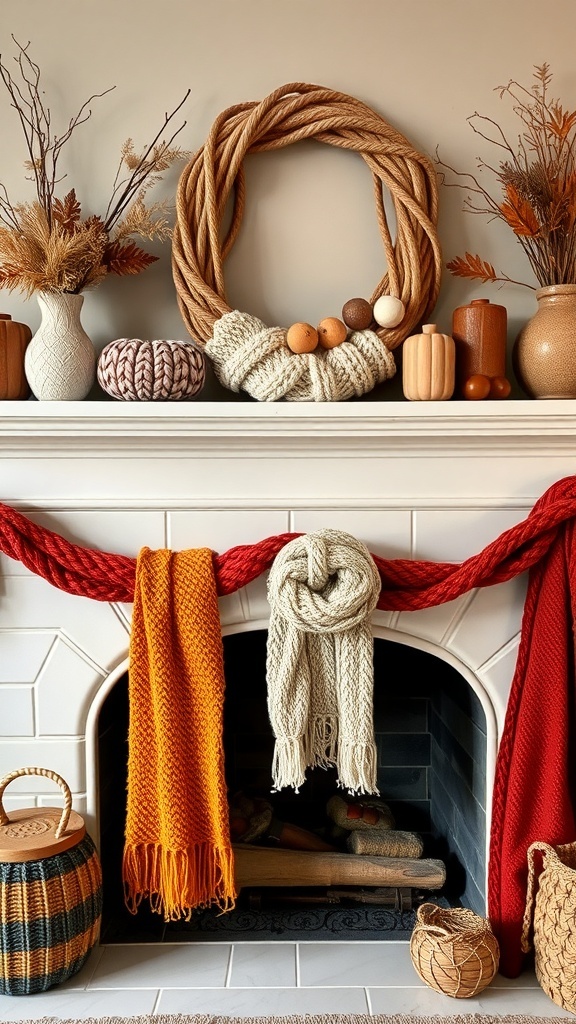 A cozy fireplace mantle decorated with knitted throws, a rope wreath, and natural elements.