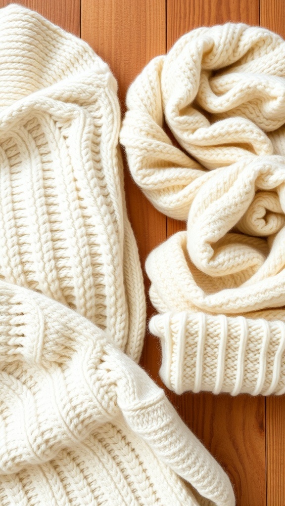 Cozy white knitwear including a sweater and scarf on a wooden surface.