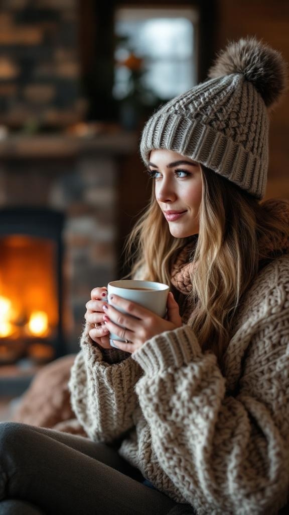 A woman in a cozy knit sweater and beanie, holding a cup, sitting by a fireplace.