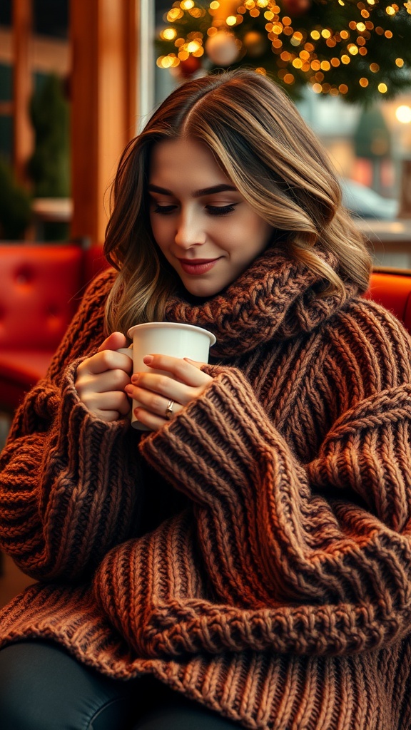 A woman in a cozy oversized knit sweater, holding a cup, sitting in a warm, inviting cafe.