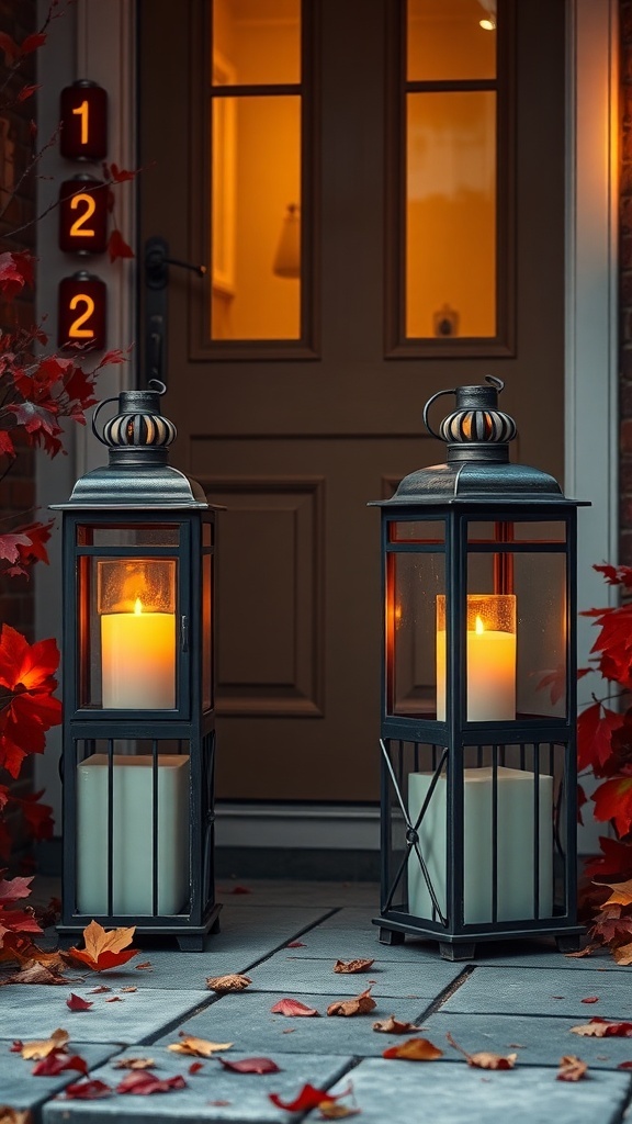 Two cozy lanterns with warm candlelight on a front porch surrounded by autumn leaves.