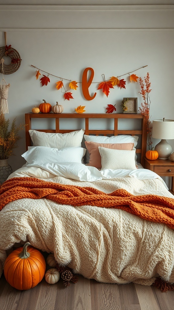 A cozy fall bedroom with layered bedding, pumpkins, and autumn leaves.