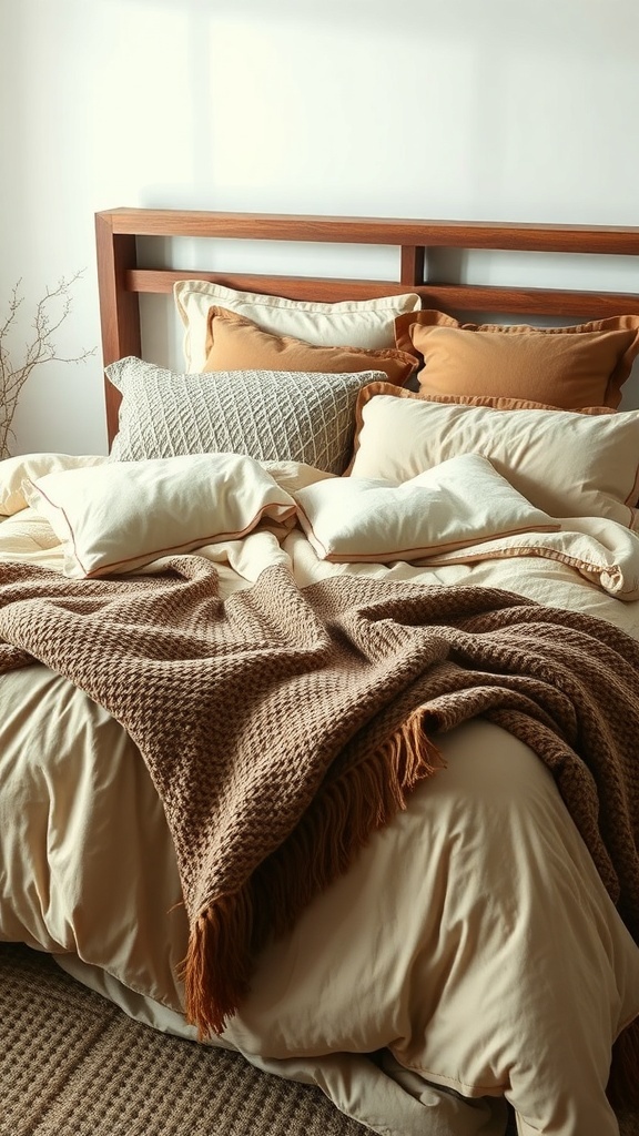 A cozy bed with layered bedding, featuring neutral tones and textured pillows.