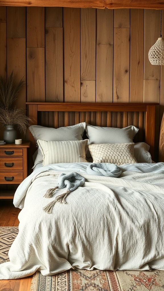 Cozy layered bedding in a rustic bedroom with wooden walls and decorative pillows.