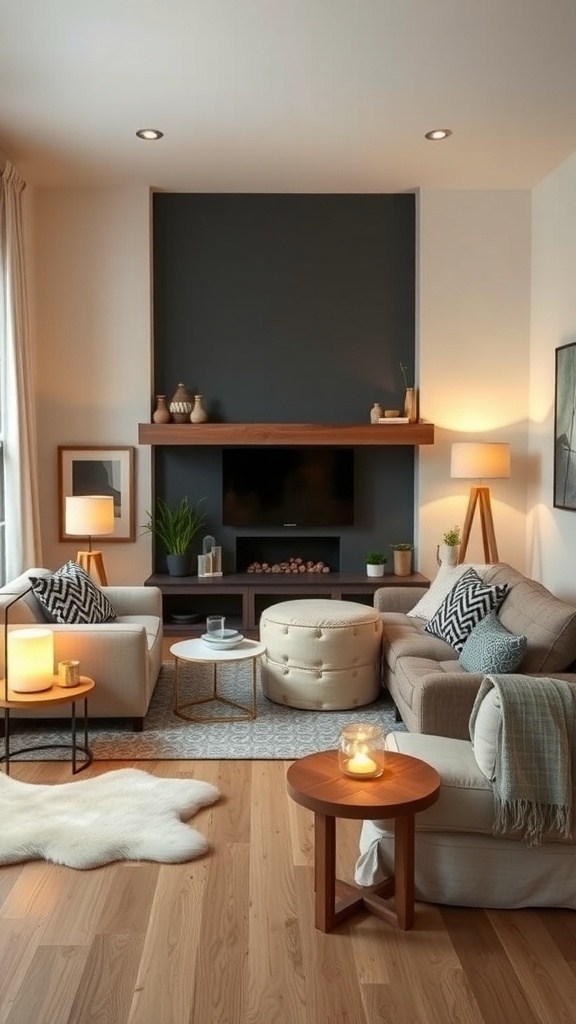 A cozy modern farmhouse living room with layered lighting, featuring soft lamps and a warm atmosphere.