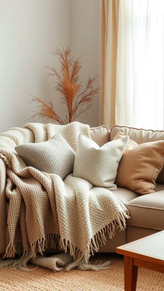 A cozy couch with layered textiles including soft throws and pillows.
