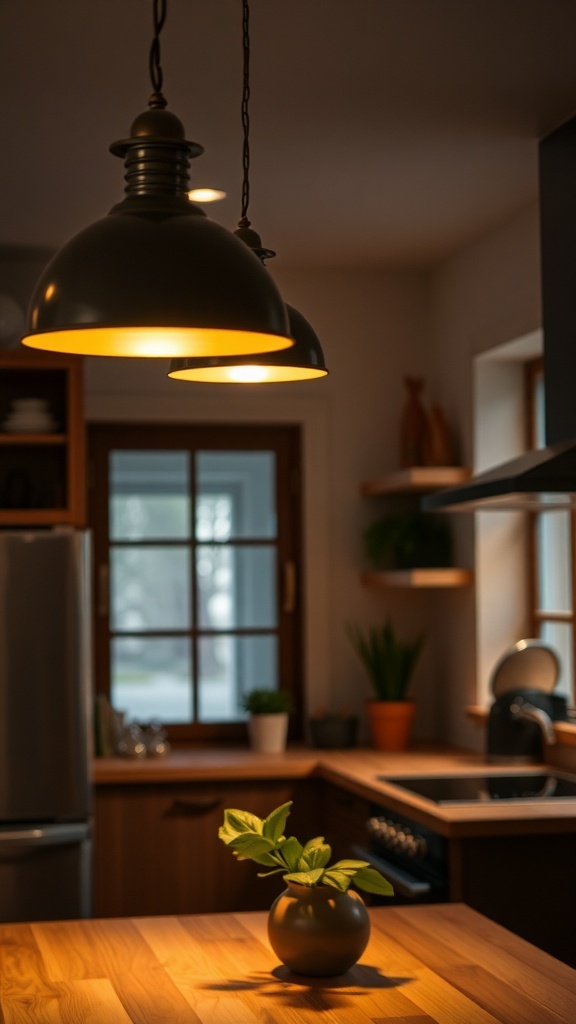 Cozy kitchen lighting with pendant lights and a vase of greenery on a wooden countertop.