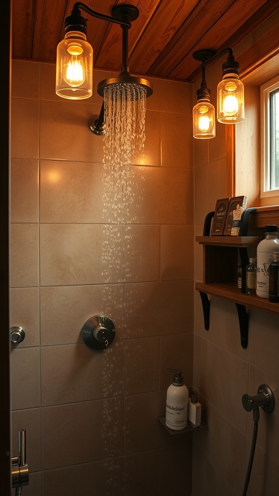 Rustic bathroom shower with cozy lighting fixtures