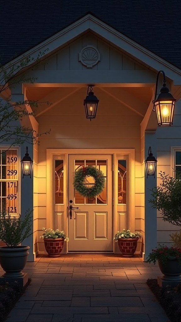 A rustic modern farmhouse entrance with warm lighting and potted plants.