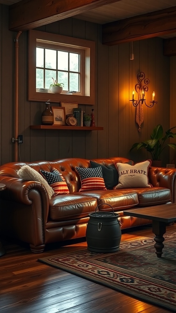 Cozy living room with leather couch, warm lighting, and rustic decor