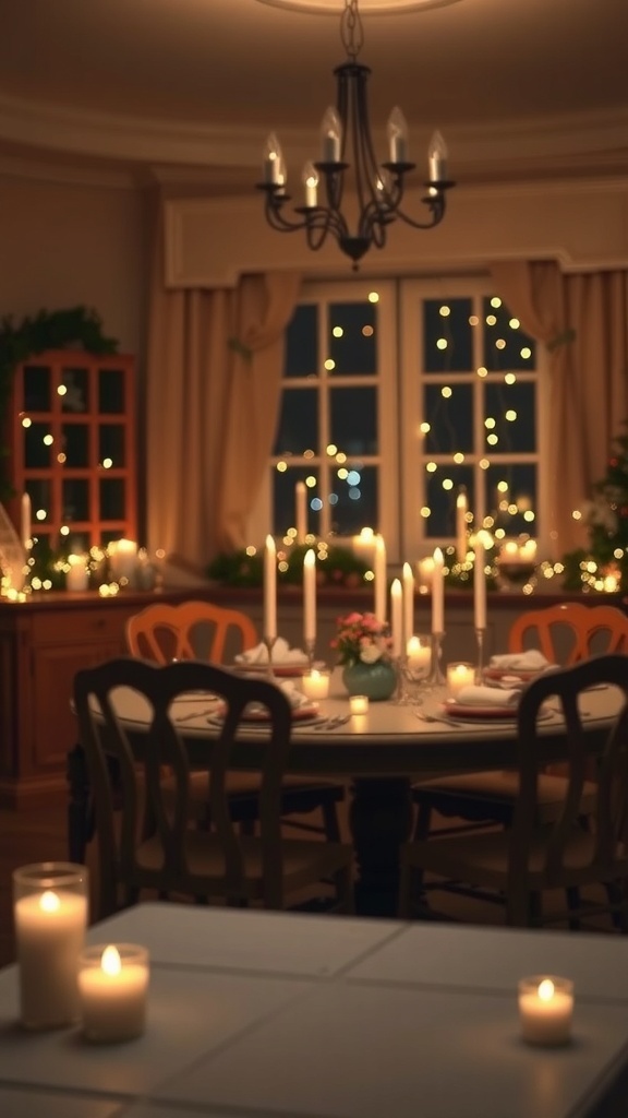 A cozy Christmas dining room with candles and soft lighting.