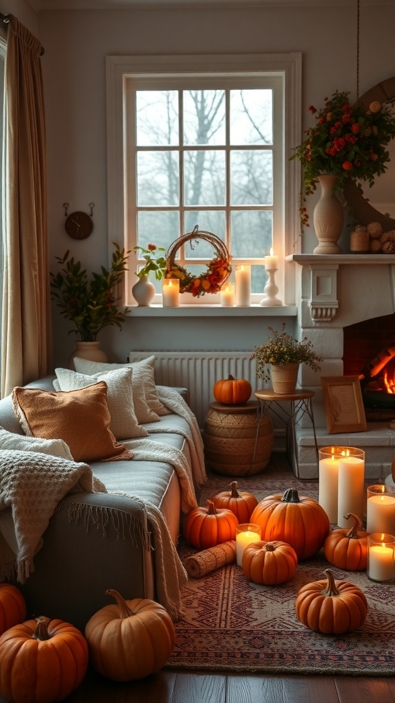 A cozy living room decorated for fall with pumpkins, candles, and warm textiles.