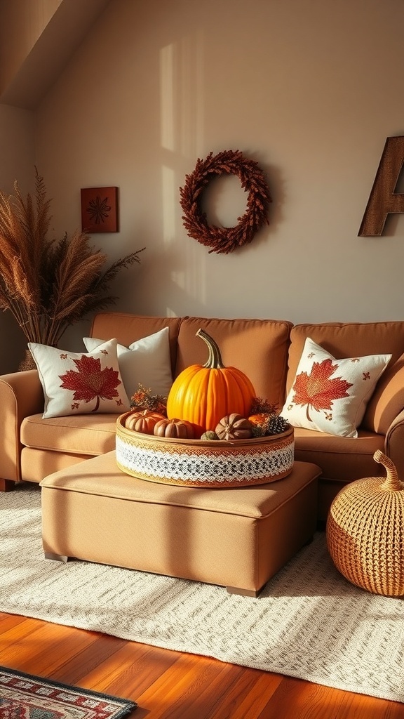 Cozy living room decorated for fall with a brown sofa, autumn-themed pillows, a pumpkin centerpiece, and warm lighting.