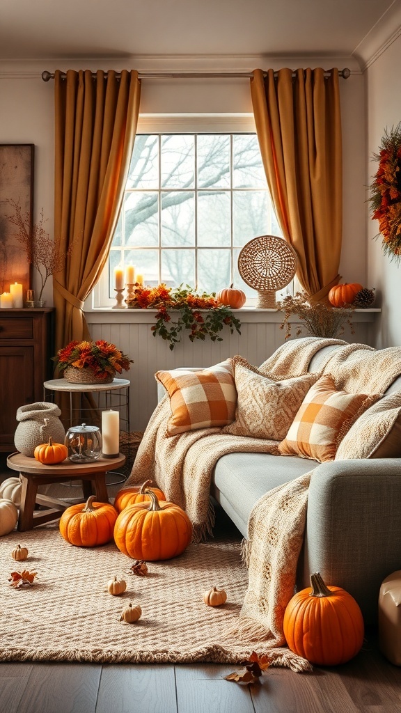 Cozy living room decorated for autumn with pumpkins, warm colors, and soft textures.