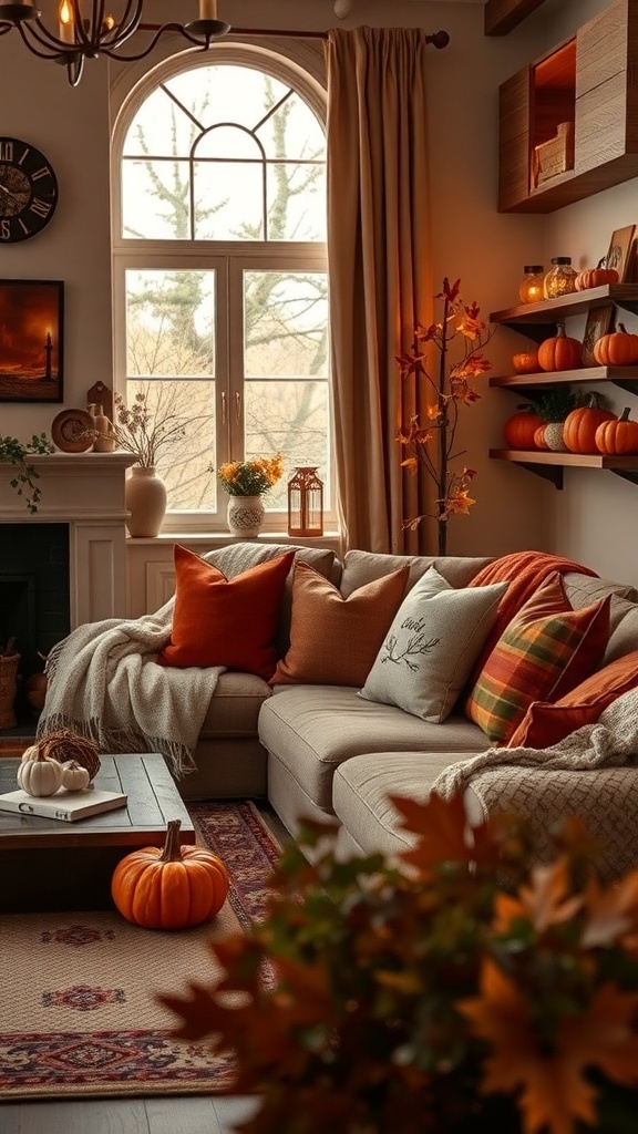 Cozy living room decorated for fall with pumpkins, warm colors, and soft furnishings.