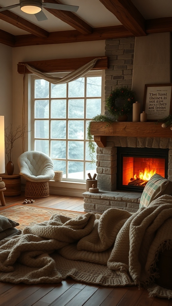 A cozy living room with a fireplace, soft blankets, and a view of snowy outdoors.