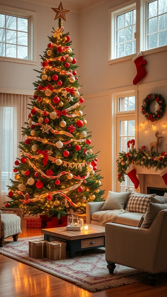Cozy living room decorated for Christmas with a tree, stockings, and warm lighting.