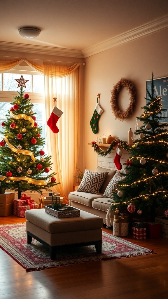 A cozy living room decorated for Christmas with two trees, stockings, and festive accents.