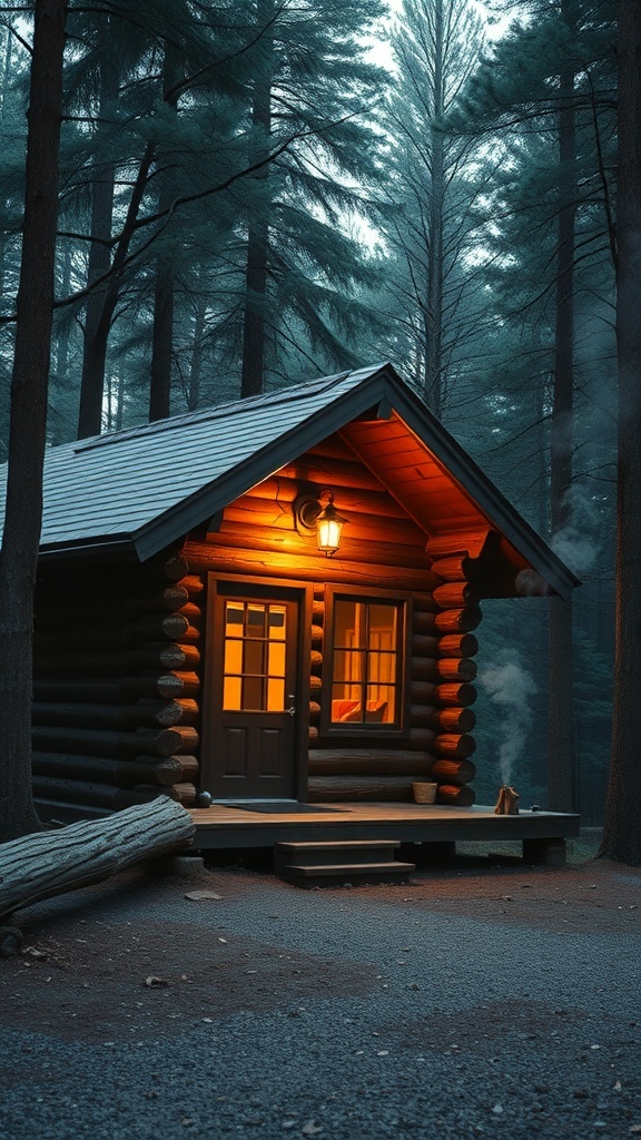 A cozy log cabin surrounded by tall trees, with warm light glowing from the windows.