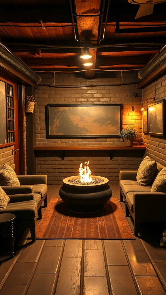 Cozy lounge area with a fire pit, featuring comfortable seating and warm lighting.