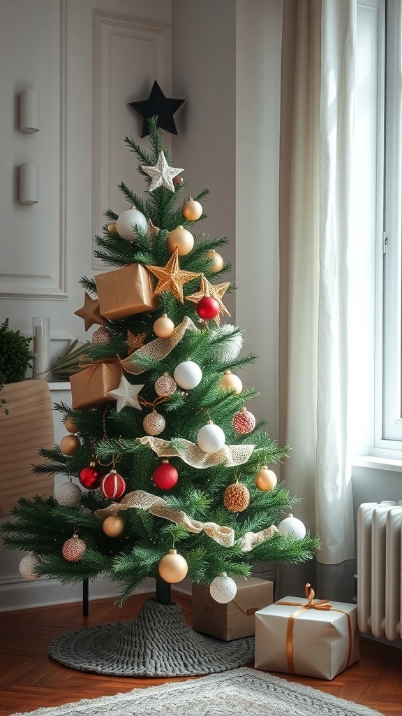 A cozy minimalist Christmas tree decorated with neutral ornaments and a few colorful accents, surrounded by wrapped gifts.