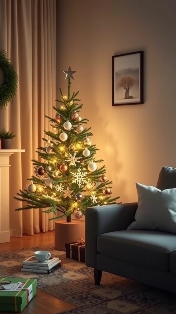 A cozy minimalist Christmas tree decorated with simple ornaments and lights in a small living room setting.