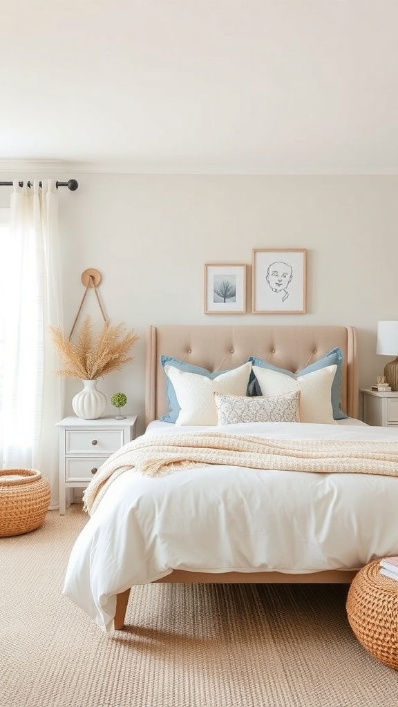 A modern farmhouse bedroom featuring a neutral color palette with soft whites, warm beiges, and light blue accents.