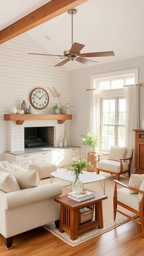 A cozy farmhouse living room featuring neutral colors, wooden accents, and natural light.