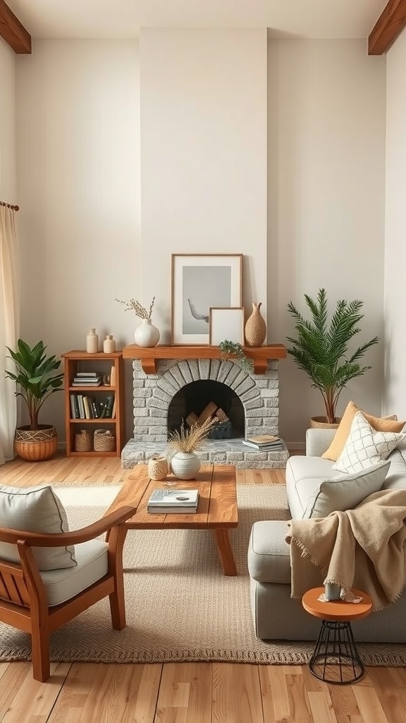 A cozy farmhouse living room with neutral colors, wooden furniture, and plants.