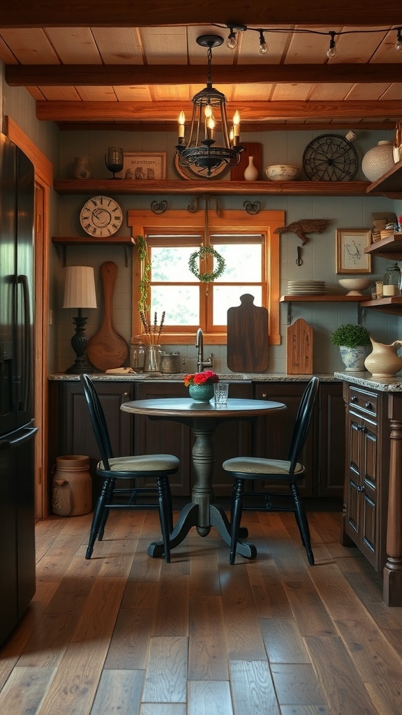 A cozy dining nook in a rustic kitchen with a round table and two chairs.