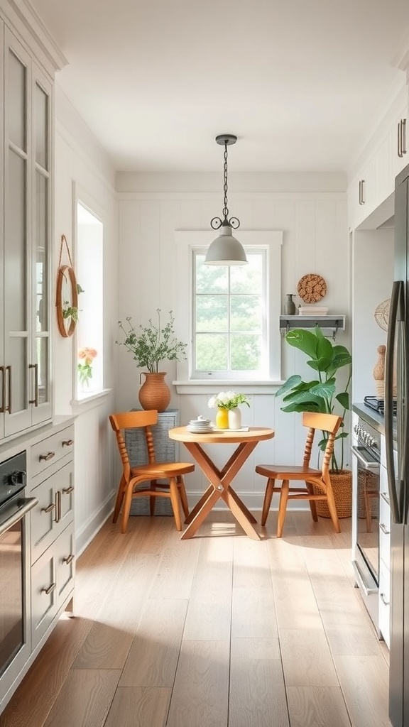 A cozy kitchen nook with a small round table and two wooden chairs, surrounded by bright light and greenery.