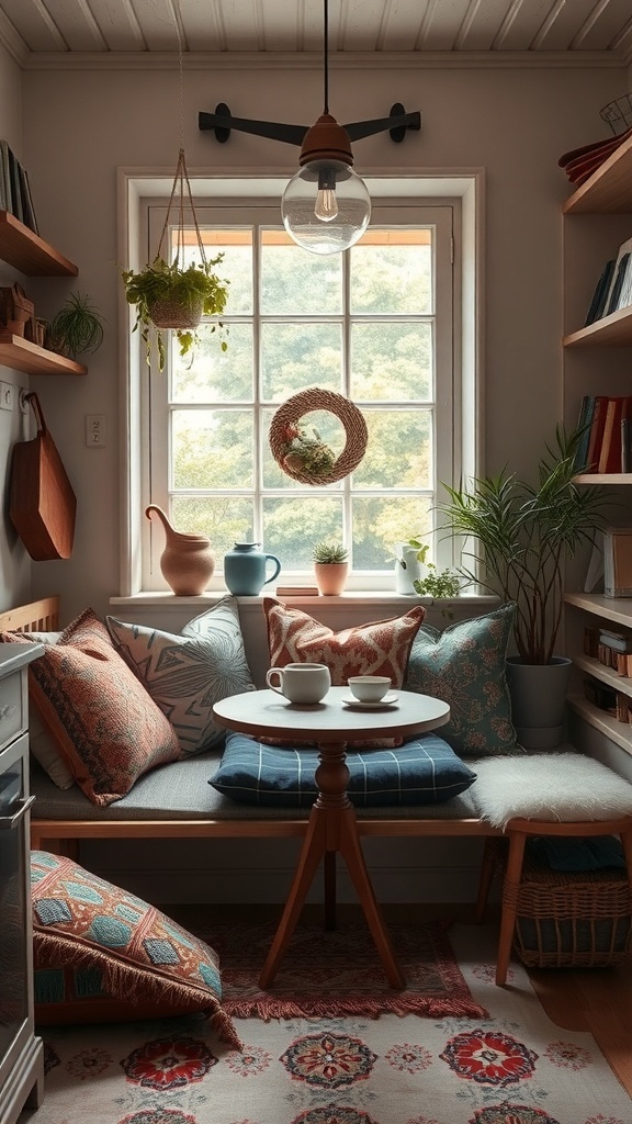 A cozy nook in a boho kitchen with cushions, a small table, and plants by the window.