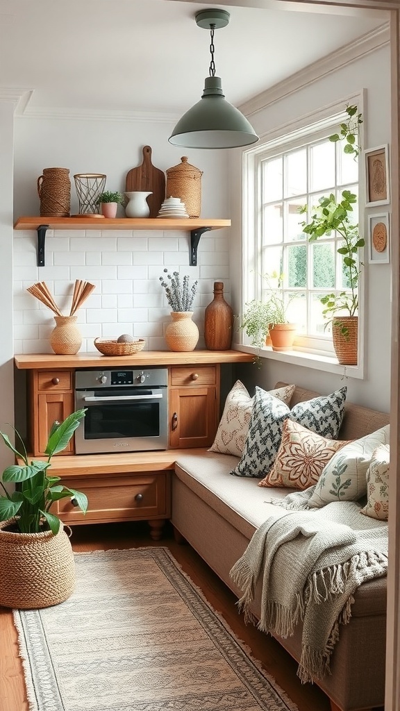 Cozy nook in a boho farmhouse kitchen with soft pillows, a warm blanket, and natural decor.