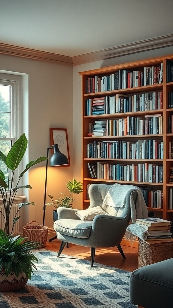 A cozy living room nook with a comfortable chair, bookshelves, and plants.